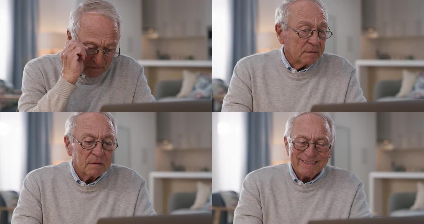 一名高级男子在家中使用笔记本电脑进行视频通话的4k视频录像