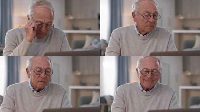 一名高级男子在家中使用笔记本电脑进行视频通话的4k视频录像