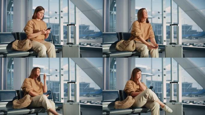 机场航站楼: 女人等待航班，使用智能手机，收到令人震惊的坏消息，开始哭泣。坐在航空枢纽的登机休息室里