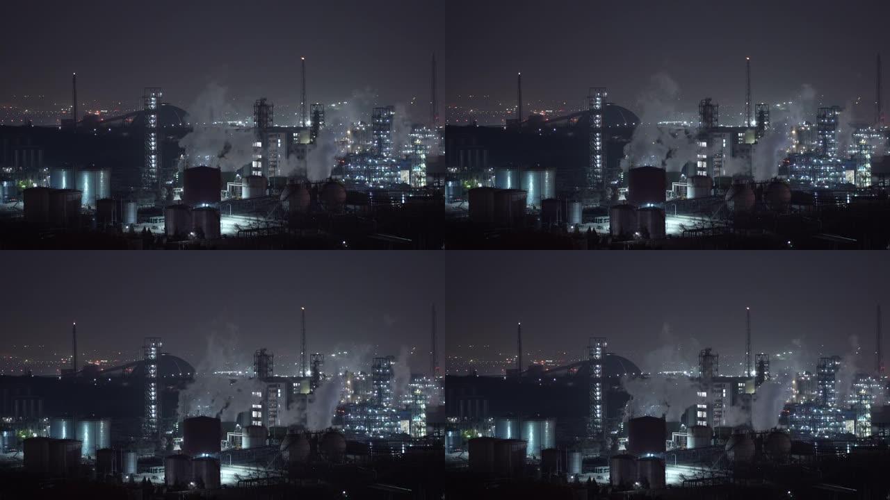 夜间石化厂和炼油工业鸟瞰图