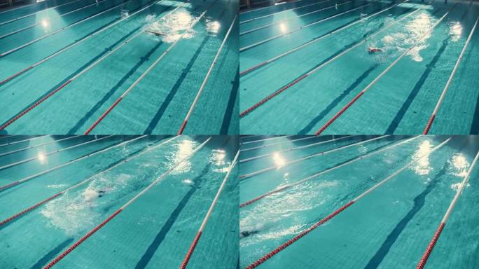 空中俯视图男游泳者在游泳池中，以创纪录的速度跑圈。专业运动员训练比赛，赢得蝶式世界冠军。电影宽倾斜镜