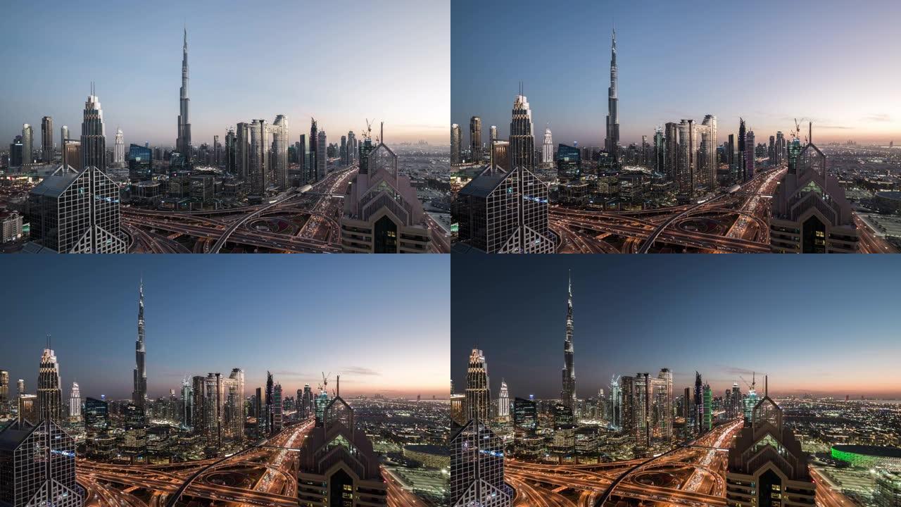 迪拜天际线的T/L平底锅鸟瞰图，昼夜过渡/阿联酋迪拜