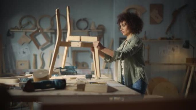 一位年轻漂亮的木匠的肖像，正在检查蓝图并开始组装木椅。专业家具设计师在阁楼空间的工作室工作，墙壁上有