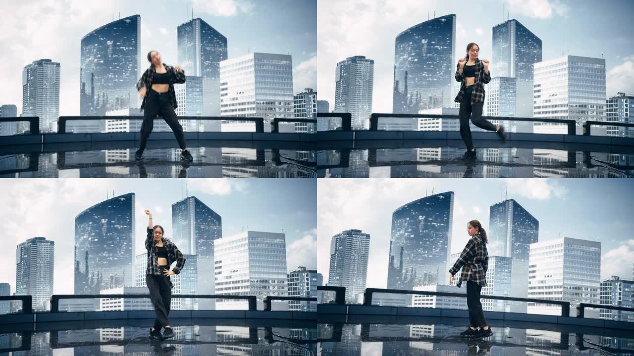 时尚的年轻专业女舞者在大型发光二极管墙壁屏幕前表演网络模因舞蹈套路，现代城市天际线和办公室摩天大楼在