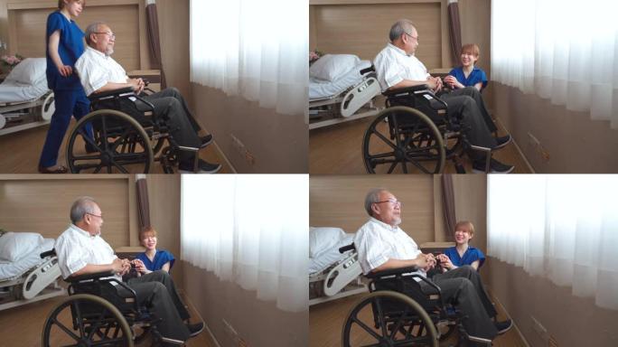 护士在康复室照顾坐轮椅的病人
