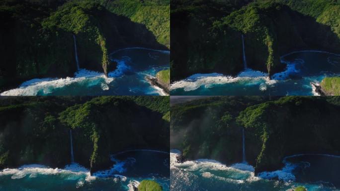 茂宜岛夏威夷热带瀑布海洋海岸线鸟瞰图