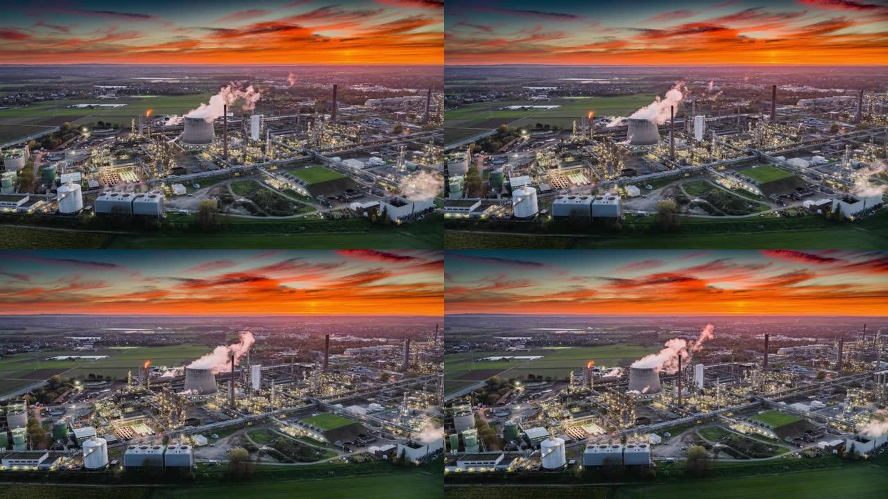 日落时炼油厂和石化厂的鸟瞰图