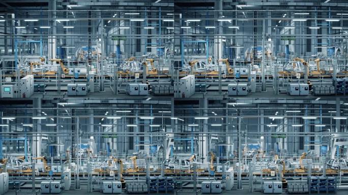 车厂3D概念: 自动化机械臂装配线制造高科技绿色能源电动汽车。自动施工、建筑、焊接工业生产输送机。侧