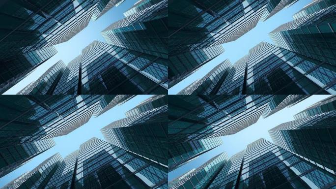 商务中心从早上到晚上的延时。现代市中心摩天大楼移动太阳光抽象3d动画。