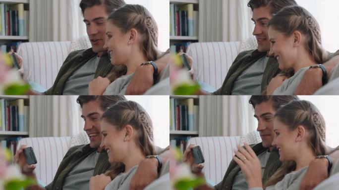 幸福的夫妇使用智能手机进行视频聊天，与朋友聊天，看起来很惊讶，享受手机上的在线交流，在家放松4k镜头