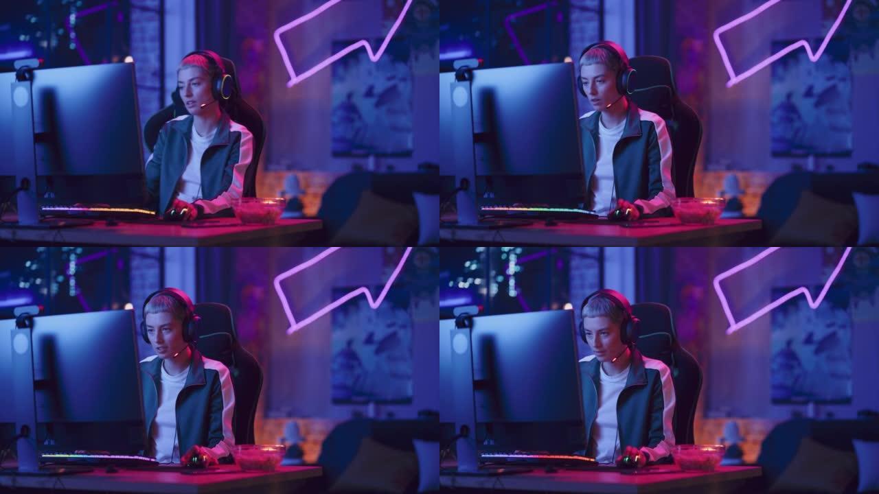 激动的女性玩家在电脑上玩在线视频游戏。戴着耳机的兴奋女人的肖像与其他玩家在PvP锦标赛中作战，用麦克