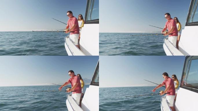 一个白人男子和他十几岁的女儿在船上钓鱼的侧视图