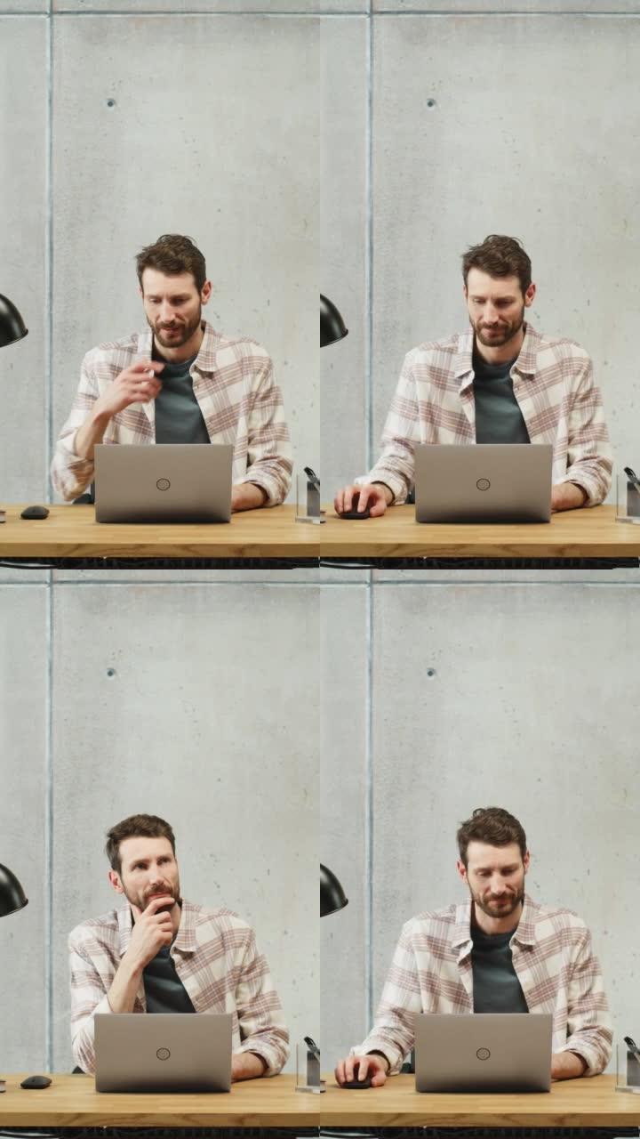 垂直屏幕: 专业创意人士坐在办公室的办公桌前，在笔记本电脑上工作。时尚的办公空间设计非常适合生产性商