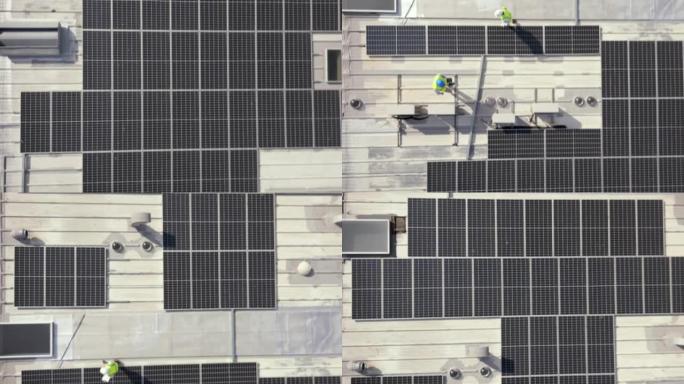 太阳能，无人机或屋顶建筑工程，建筑或能源可持续性。鸟瞰图，太阳能电池板或从事项目管理，城市物流或创新