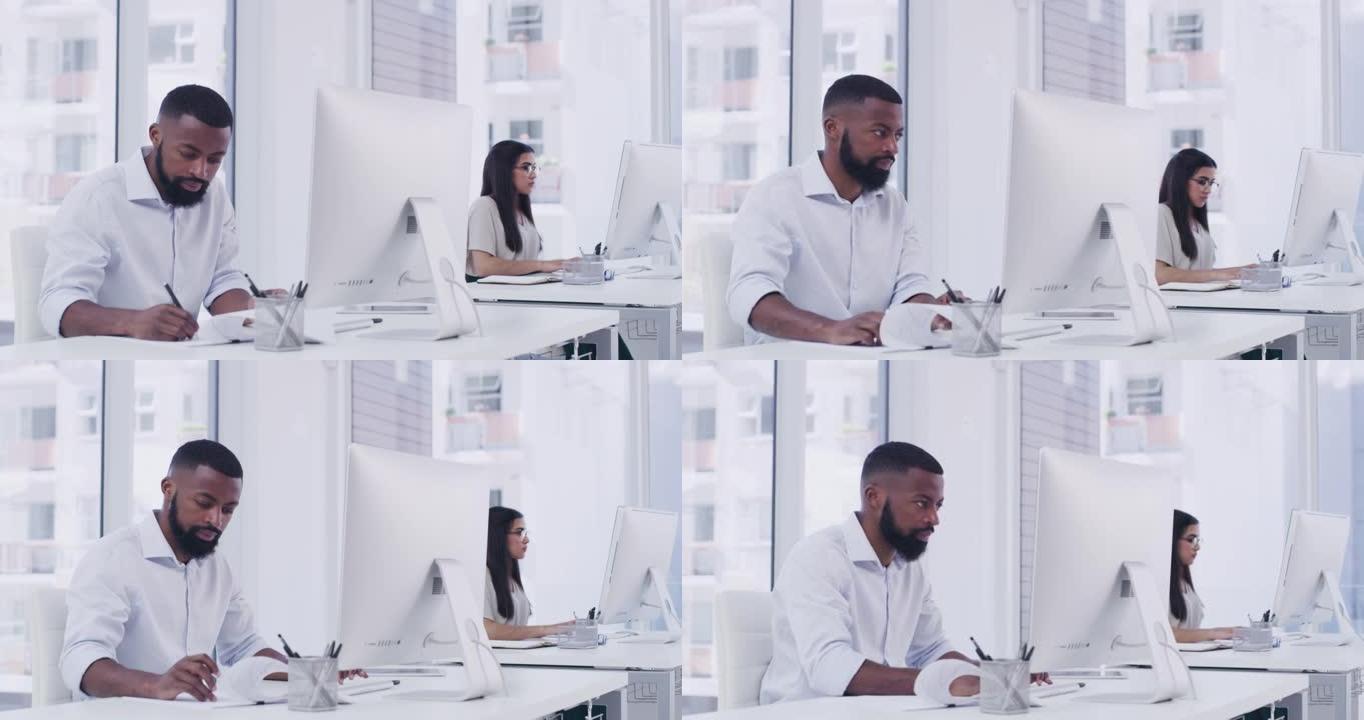 两名商人在现代办公室中使用计算机的4k视频片段