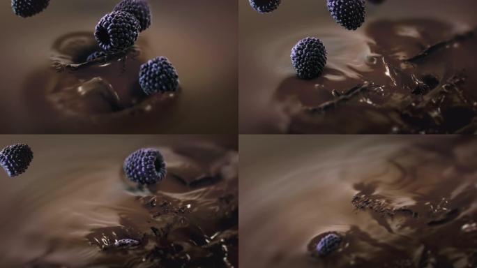 黑莓在4k超慢动作中溅入液体黑巧克力中