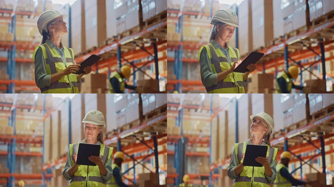 戴着安全帽的专业女工在摆满货架的零售仓库里用数字平板电脑检查库存和库存。在物流、配送中心工作
