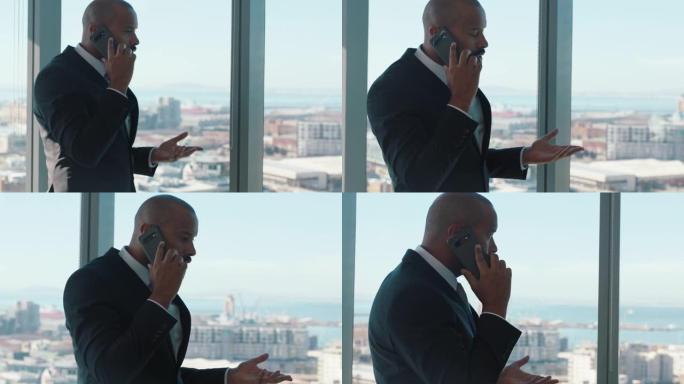自信的商人使用智能手机与客户交谈公司高管谈判业务交易公司首席执行官在办公室打电话看着窗外