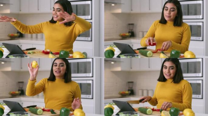 4k视频片段，一名年轻女子记录自己在家做健康的饭菜
