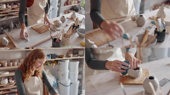 陶器，雕塑和小企业主妇女在她的初创零售店或车间工作室进行产品设计过程。具有黏土制作生涯的青年创意设计