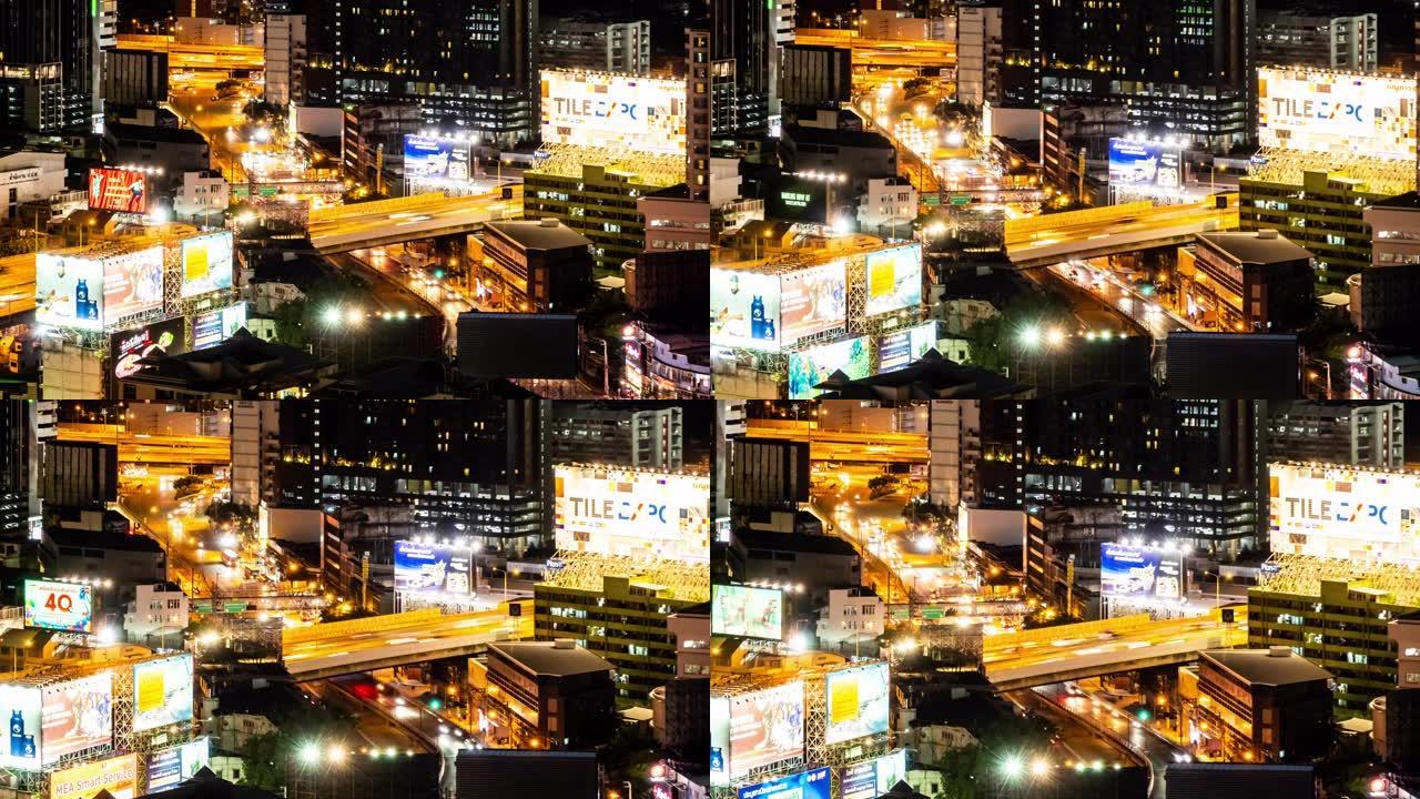 4K UHD放大延时: 曼谷市中心摩天大楼的天际线，高速公路上的汽车，泰国曼谷的天空列车。现代城市景
