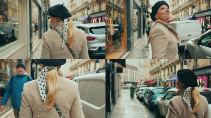 WS迷人的法国妇女走在巴黎的街道上