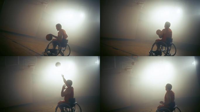 轮椅篮球运动员投篮失球，但一次又一次地尝试。决心，对残疾人的启发。慢动作，旋转荷兰角，暖色