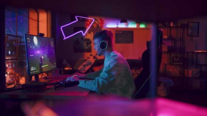 专业电子竞技游戏玩家在他强大的个人电脑上在家玩3D射击视频游戏，有很多动作和乐趣。网络游戏时尚复古霓