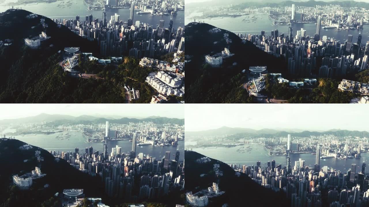 鸟瞰香港城市，海洋，九龙城和香港港口