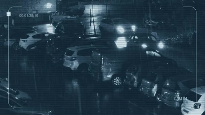 雨夜停车场的闭路电视人和汽车