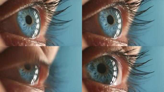 女人的脸，蓝眼睛和视力的焦点，思维的想法和隐形眼镜的看到，视力和意识。面部特写宏，眼球和验光测试用清