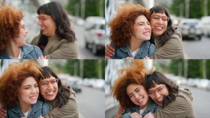 在城市外面拥抱和亲吻的快乐朋友的肖像。多样化的女性互相拥抱，在城市里共度一天，享受着庆祝大流行结束的