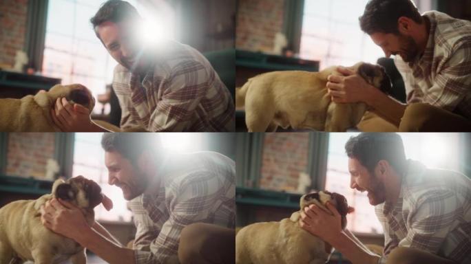 快乐的男人拥抱他可爱的小哈巴狗，在家给它零食。男人和他的狗一起玩，最好的朋友，抓挠超级快乐的狗狗，在