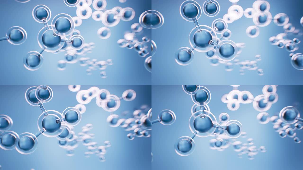 在蓝色背景上移动的分子结构模型，例如在水中