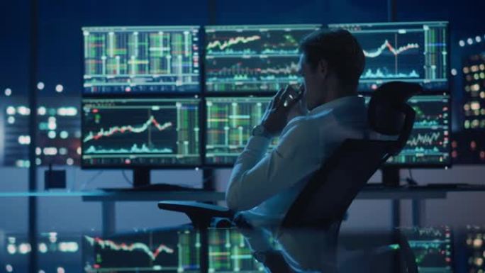 金融分析师在计算机上工作，具有实时股票，商品和交易所市场图表的多显示器工作站。商人在银行办公室审议下