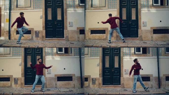 在城市老城区的街道上散步时，开朗快乐的成年男子穿着便服积极跳舞。在安静的小镇街道上的城市环境中拍摄的
