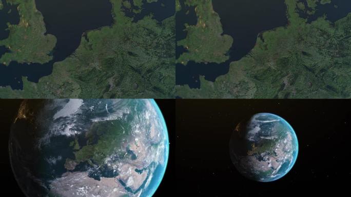 荷兰地图，通过4k照片真实的动画地球仪放大到空间，全景包括亚洲，非洲和欧洲。史诗旋转世界动画，现实地