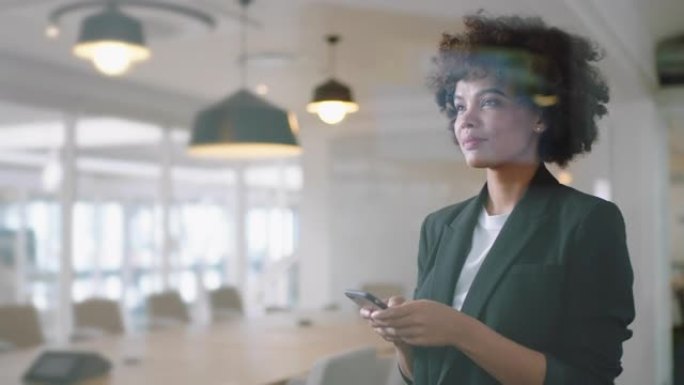 聪明的黑人女商人在办公室使用智能手机发短信发送电子邮件计划会议网络在线浏览手机技术4k