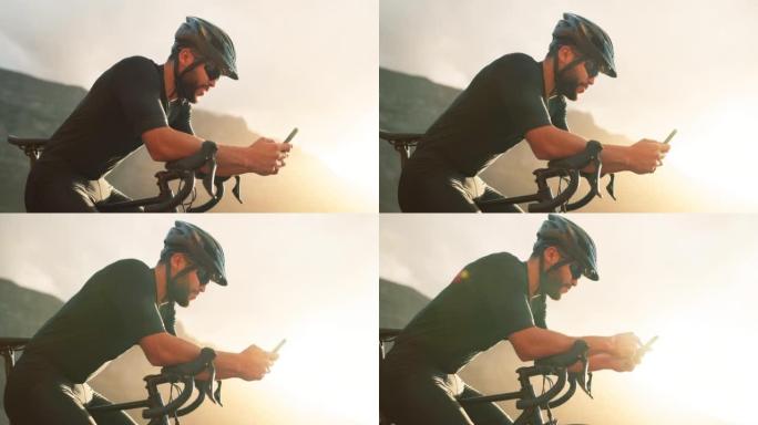 骑自行车休息时，在社交媒体上打电话，健身和男人，以恢复自行车有氧运动和锻炼的能量。骑自行车的人，运动