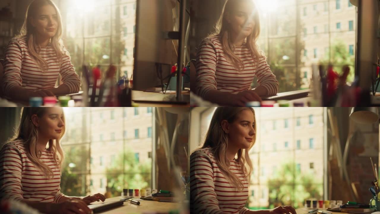 微笑的少女坐在阁楼阳光明媚的房间里，在她的个人电脑上工作。自由职业者在家工作。富有创造力的女人检查社