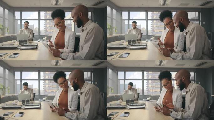 平板电脑，合作空间和业务人员的团队合作与在线趋势的研究数据分析。沟通、伙伴关系和谈话黑人男女评论销售