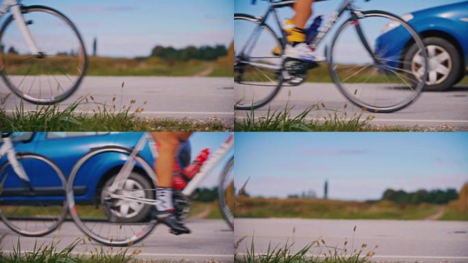 慢动作自行车手在阳光明媚的道路上比赛