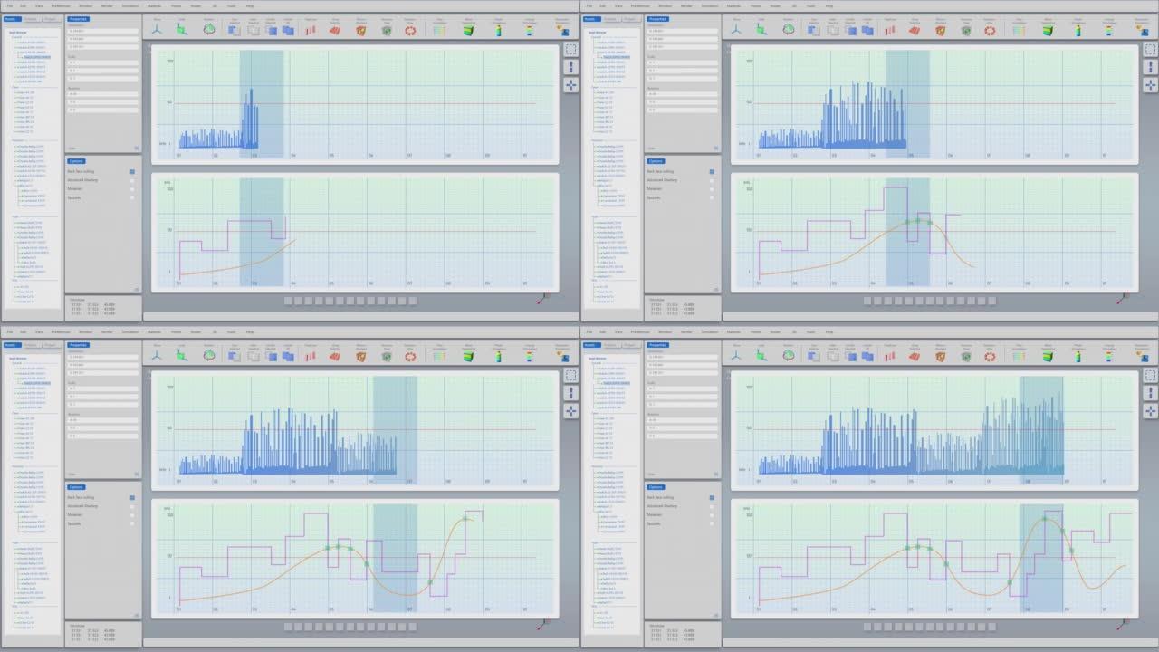 技术监控图与图表和分析工业信息图。灰色界面与蓝色、紫色和橙色图表。用于控制室中计算机显示器的模型VF