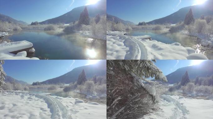 航拍:冬季仙境在泽伦奇泉覆盖着新鲜的雪毯