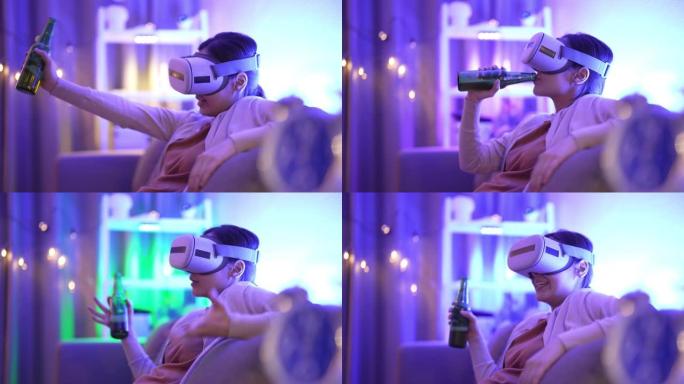 快乐的女孩在虚拟现实耳机中跳舞享受沉浸在虚拟现实派对中