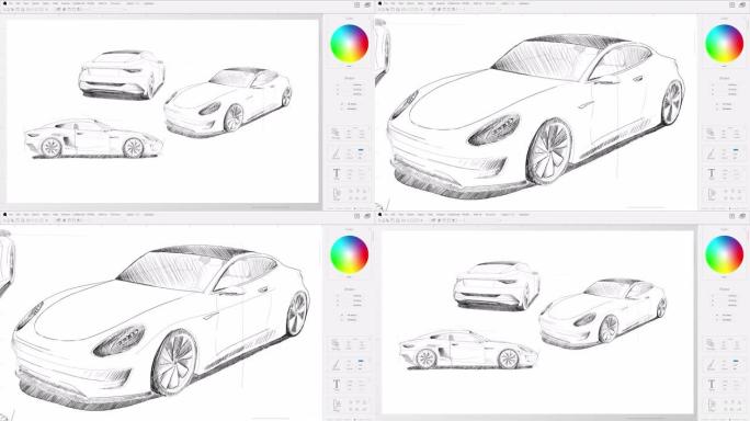 现代跑车素描设计专业插图计算机软件的灯光界面模型。放大车辆图纸以添加终点线。电动汽车生产过程。