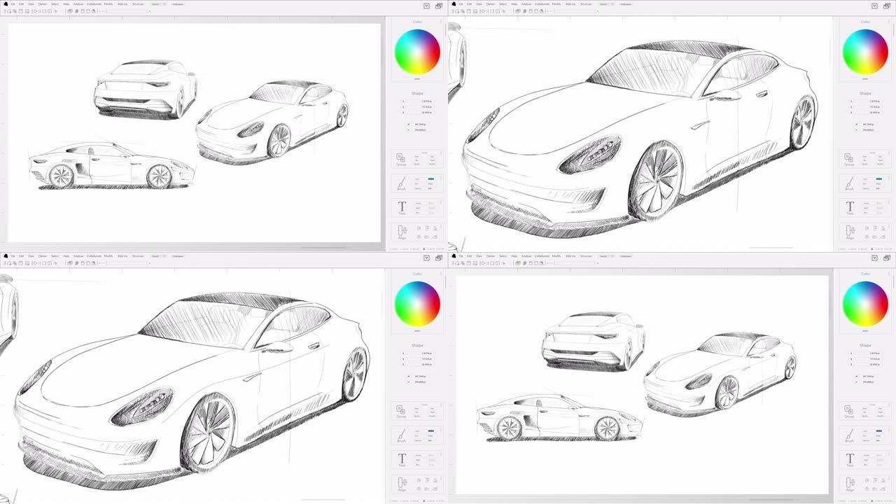 现代跑车素描设计专业插图计算机软件的灯光界面模型。放大车辆图纸以添加终点线。电动汽车生产过程。