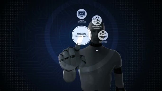 机器人，机器人触摸 “医疗技术” 和各种未来医疗技术图标，4k动画1。