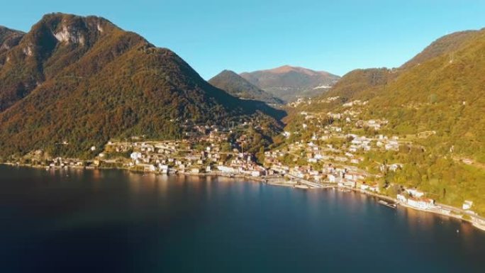 意大利的科莫村和湖畔老城鸟瞰图