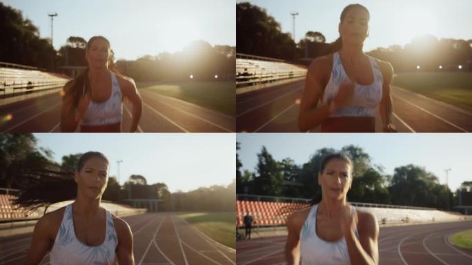 浅蓝色运动上衣美丽的女运动员在户外体育场跑得非常快。她在一个温暖的夏日下午冲刺。精女正在慢跑训练。肖